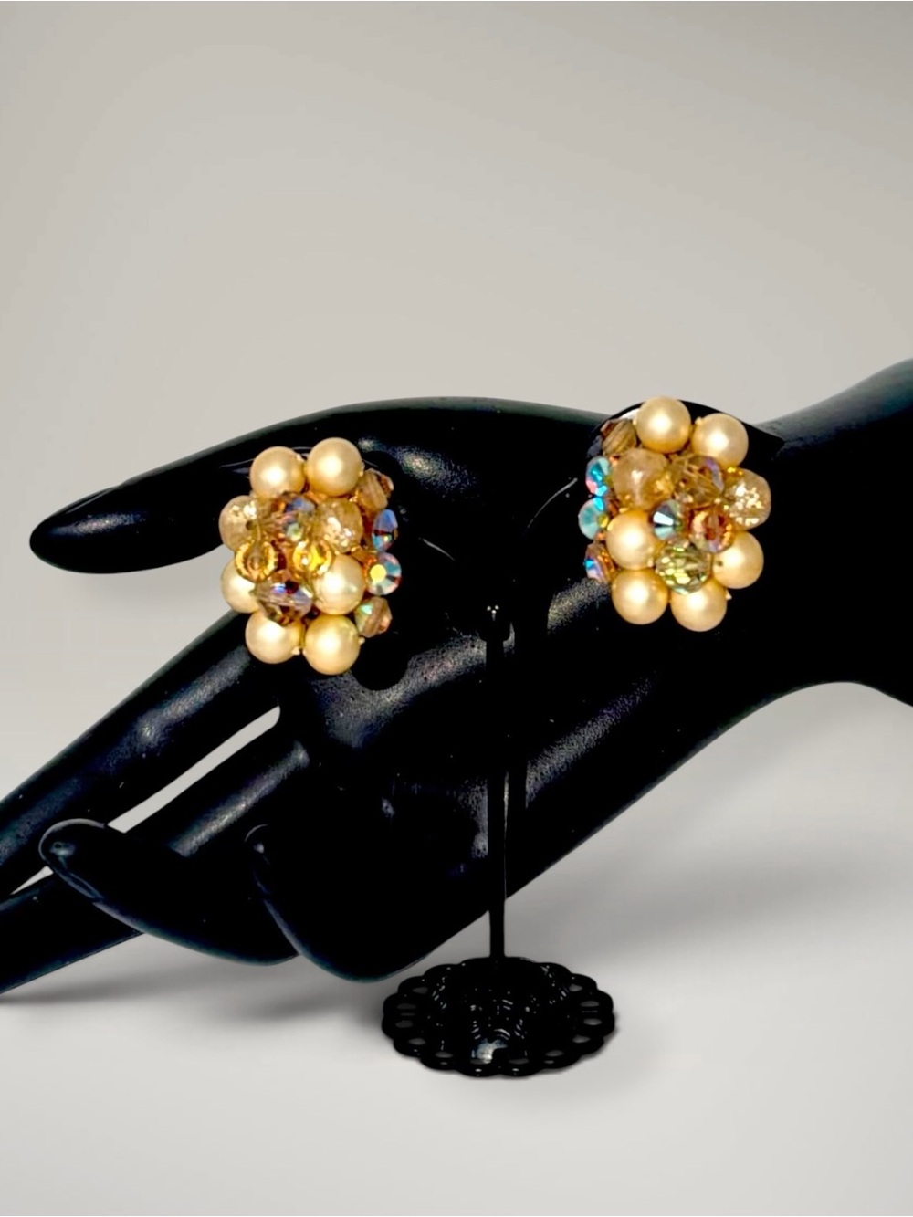 Vintage Faux Pearl & AB Crystal Cluster Clip On Earrings Estate Statement